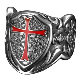 Bague templier Chevalière Croix rouge Blason Bouclier Acier Argent  IM#25658