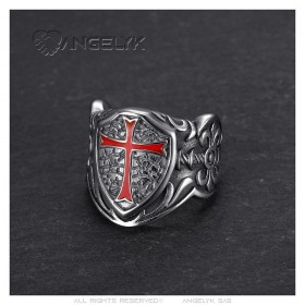 Anello dei Cavalieri Templari Croce Rossa Stemma Scudo Acciaio Argento IM#25660