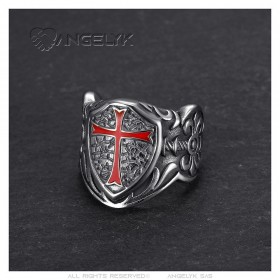 Bague templier Chevalière Croix rouge Blason Bouclier Acier Argent  IM#25660