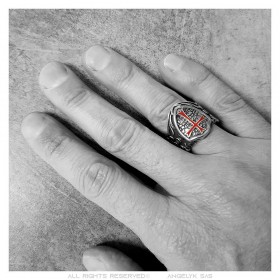 Bague templier Chevalière Croix rouge Blason Bouclier Acier Argent  IM#25662