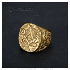 Chevalière Franc-Maçon stile Rocaille Acciaio inossidabile Oro IM#25685