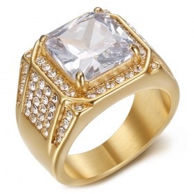 Anello con diamante da uomo Acciaio inossidabile Zirconio oro IM#25754
