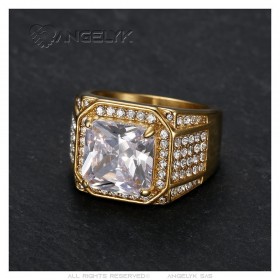 Anello con diamante da uomo Acciaio inossidabile Zirconio oro IM#25756