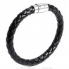 Bracelet cuir noir véritable tressé et acier inoxydable  IM#25796