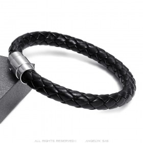 Bracelet cuir noir véritable tressé et acier inoxydable  IM#25797