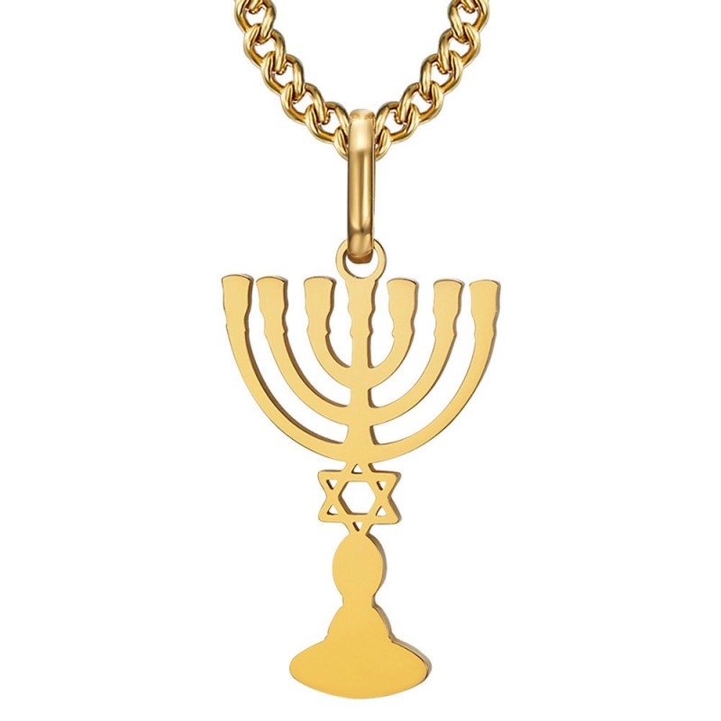 Pendant Menorah Candelabra 7 branches Star of David Gold IM#25849