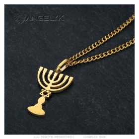 Pendentif Menorah Chandelier 7 branches Etoile de David Or  IM#25851