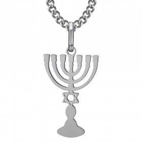 Ciondolo Menorah Candelabro 7 rami Stella di Davide Argento Acciaio IM#25854