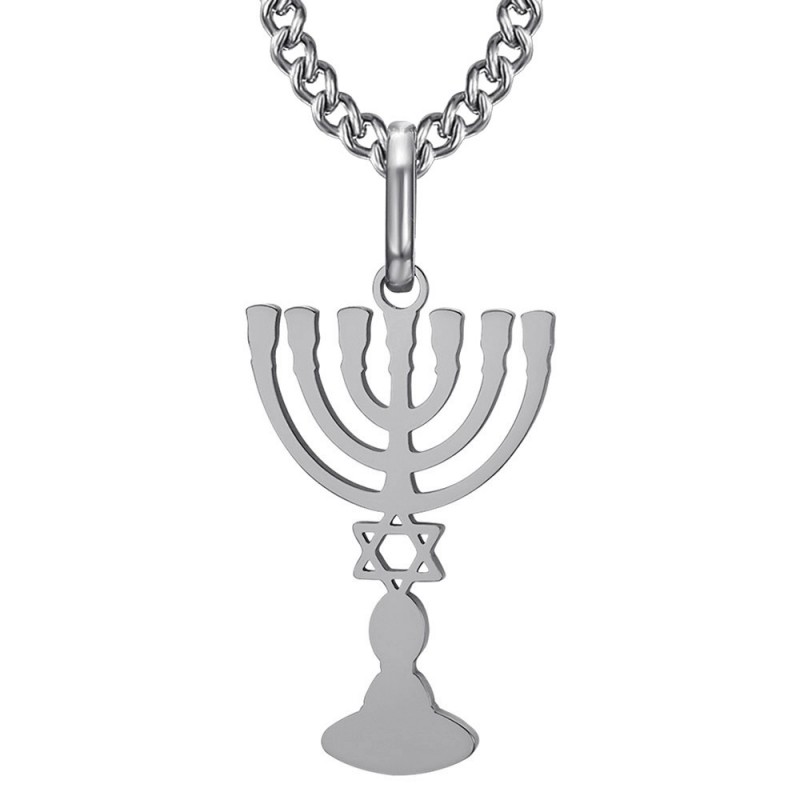 Ciondolo Menorah Candelabro 7 rami Stella di Davide Argento Acciaio IM#25854