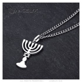 Pendentif Menorah Chandelier 7 branches Etoile de David Acier Argent  IM#25856