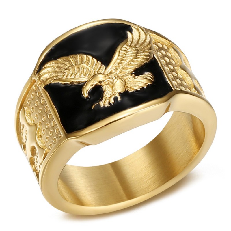 Bague biker avec Aigle sur Fond Noir Acier inoxydable et Or  IM#25896