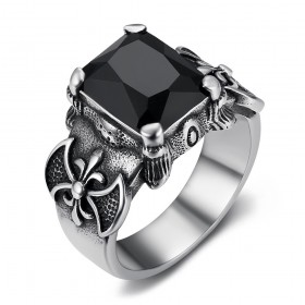 Bague royaliste homme femme dragon Pierre noire Acier inoxydable  IM#25903