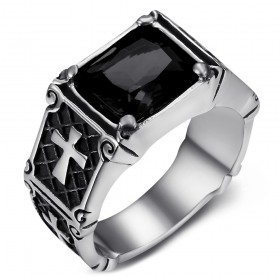 Bague pierre noire Homme Femme royaliste Acier inoxydable  IM#26024