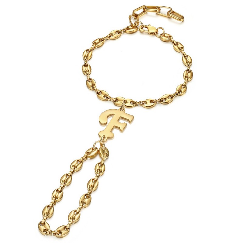 Bracelet de main Lettre initiale Graine de café Acier inoxydable Or IM#26116 Bracelet de main Lettre initiale Graine de café Acier inoxydable Or IM#26116