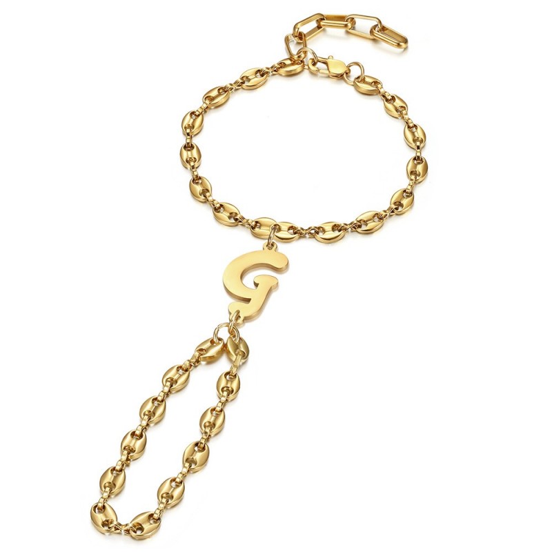 Bracelet de main Lettre initiale Graine de café Acier inoxydable Or IM#26117 Bracelet de main Lettre initiale Graine de café Acier inoxydable Or IM#26117