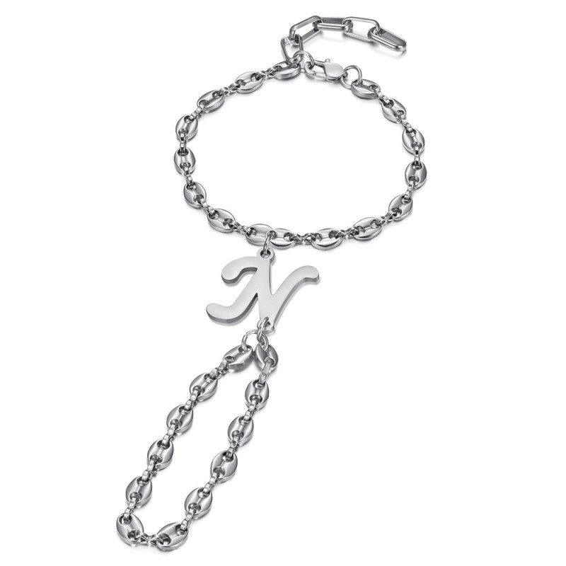Bracelet de main Lettre initiale Graine de café Acier inoxydable Argent IM#26152 Bracelet de main Lettre initiale Graine de café Acier inoxydable Argent IM#26152