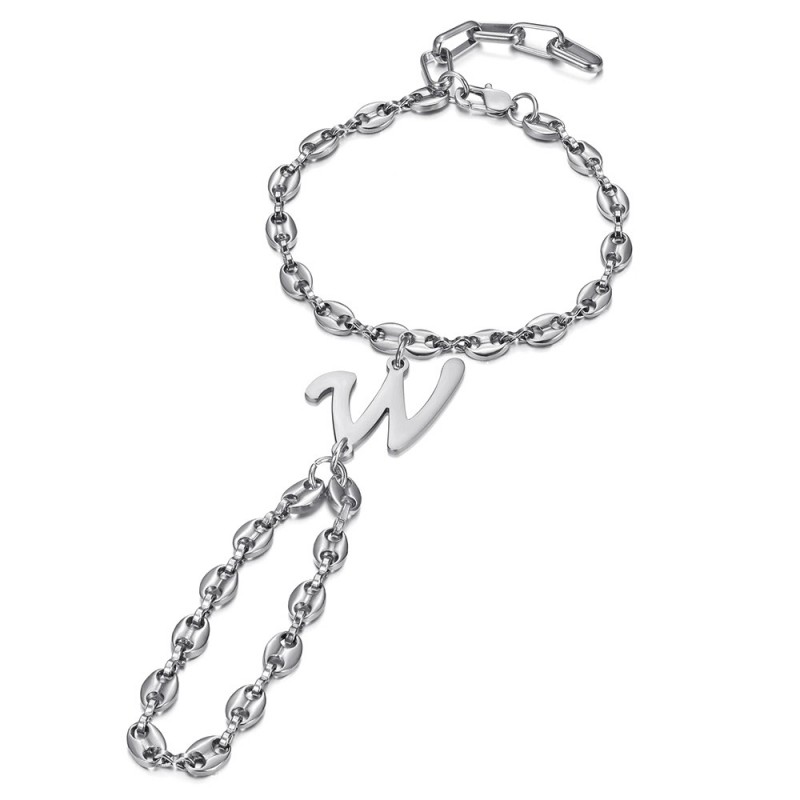 Bracelet de main Lettre initiale Graine de café Acier inoxydable Argent IM#26161 Bracelet de main Lettre initiale Graine de café Acier inoxydable Argent IM#26161