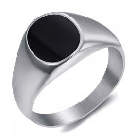 Bague Chevalière Petit Cabochon Email Noir Acier 316L bobijoo