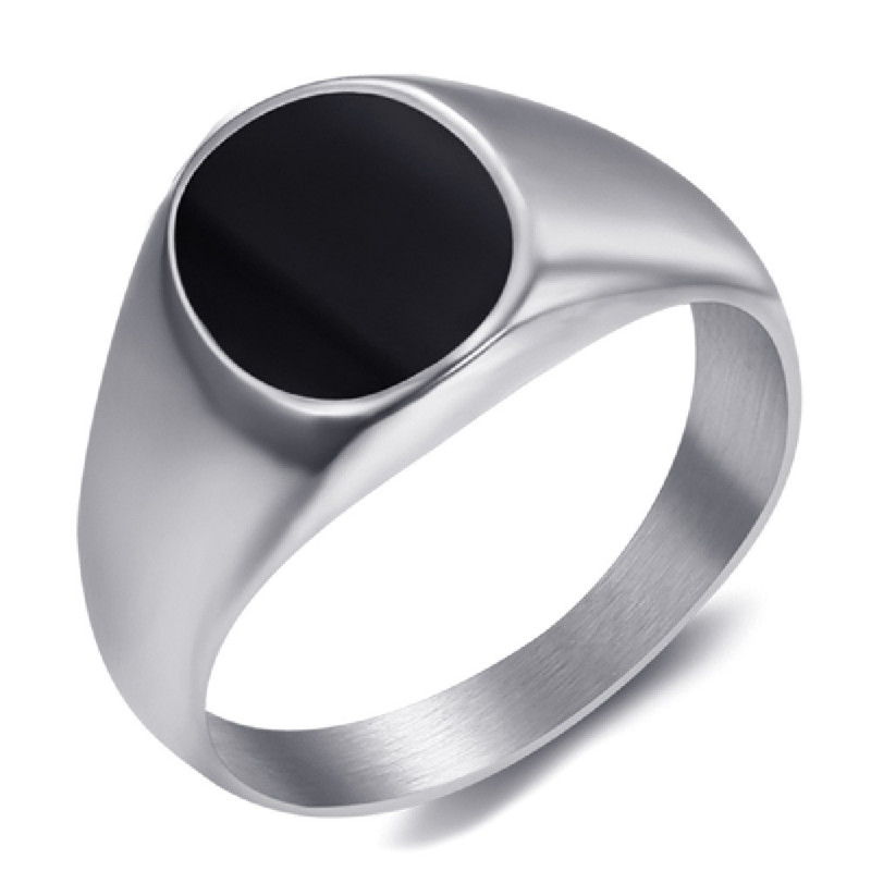 Anillo De Sellar Pequeño Cabujón Esmalte Negro Acero 316L bobijoo