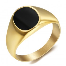 Signet Ring Small Cabochon Enamel Black Steel Gold bobijoo
