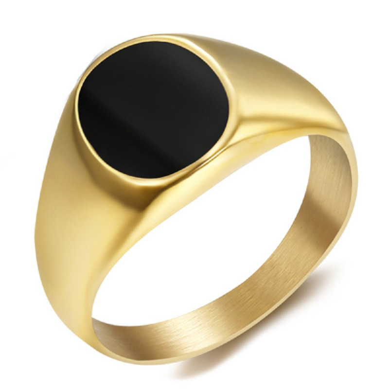 Anello Con Sigillo Piccolo Cabochon Smalto Nero Acciaio Oro bobijoo