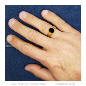 Anillo De Sellar Pequeño Cabujón Esmalte Acero Negro Oro bobijoo