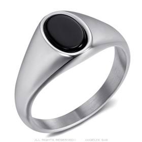 Oval Onyx cabochon signet ring 9*6mm Silver stainless steel IM#26305