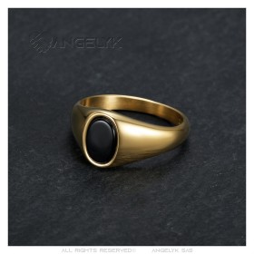 Anillo de sello con cabujón de ónix ovalado 9*6 mm Acero inoxidable dorado IM#26313