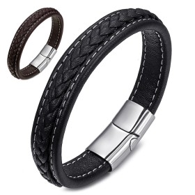 Armband Geflochtenem Leder Edelstahl Schwarz oder Braun  IM#26503