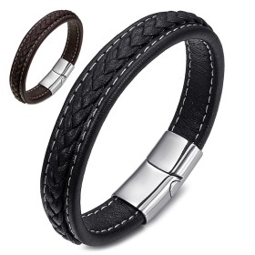 Bracelet Braided Leather Stainless Steel Black or Brown  IM#26503