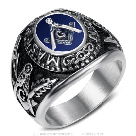 Signet Ring Freemason Master Silver Black Blue Stainless Steel IM#26513