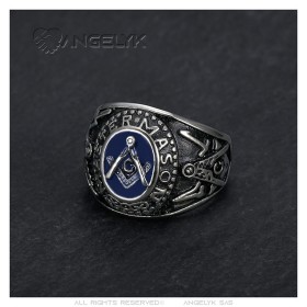 Chevalière Bague Franc-Maçon Maître Argent Noir Bleu Acier inoxydable  IM#26514