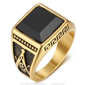 Freimaurer-Ring, Edelstahl, Gold, schwarzer Onyx, quadratisch, IM#26520