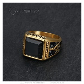 Freemason Ring Stainless Steel Gold Black Onyx Square IM#26521