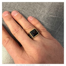 Freemason Ring Stainless Steel Gold Black Onyx Square IM#26523
