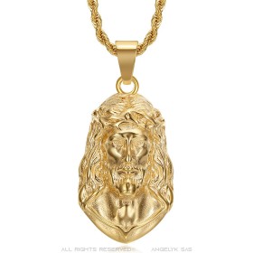 Pendentif tête de Jésus Christ 40mm Acier inoxydable Or  IM#26599