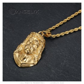 Pendentif tête de Jésus Christ 40mm Acier inoxydable Or  IM#26601