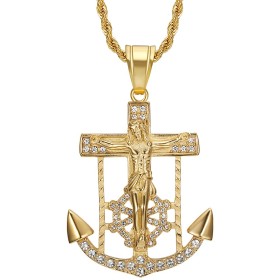 Ciondolo con ancora marina Croce di Gesù in acciaio inossidabile oro zirconio IM#26610