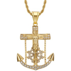 Pendentif Ancre marine Croix de Jésus Acier inoxydable Or Zirconium  IM#26610