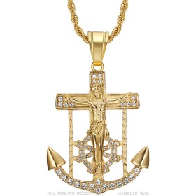 Ciondolo con ancora marina Croce di Gesù in acciaio inossidabile oro zirconio IM#26611