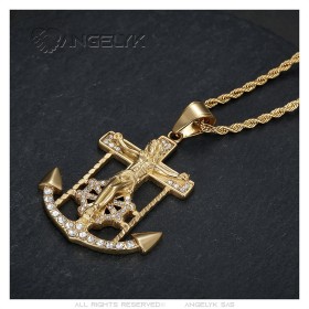Marine Anchor Pendant Jesus Cross Stainless Steel Gold Zirconium IM#26612