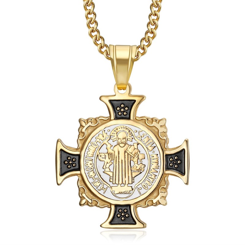 Kreuzanhänger des Heiligen Benedikt aus Edelstahl Gold IM#26628