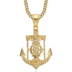 Marine anchor necklace Jesus cross Stainless steel Gold IM#26634