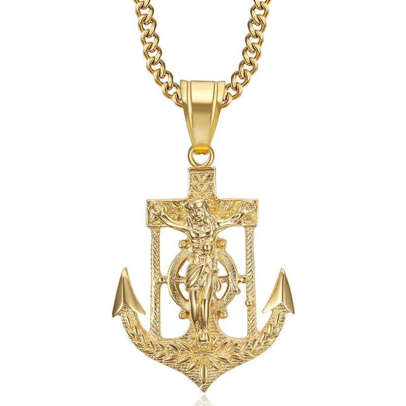 Marine anchor necklace Jesus cross Stainless steel Gold IM#26634