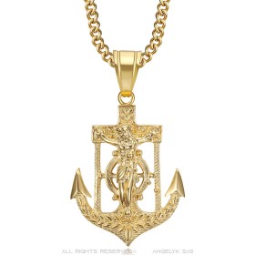 Collier Ancre marine Croix de Jésus Acier inoxydable Or  IM#26635