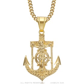 Marine anchor necklace Jesus cross Stainless steel Gold IM#26635