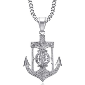 Collar de ancla marina con cruz de Jesús de acero inoxidable y plata IM#26640