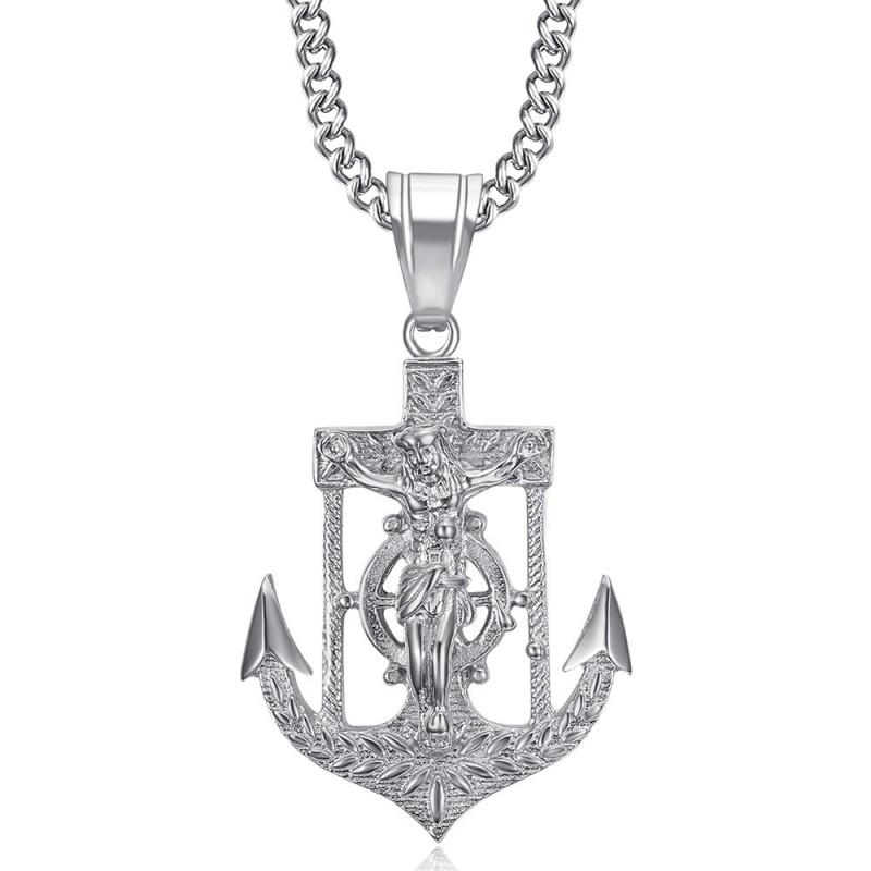 Marine Anchor Necklace Jesus Cross Stainless Steel Silver IM#26640