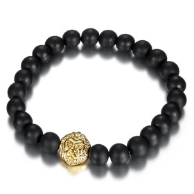 Bracelet onyx véritable Noir 8mm Tête de Lion acier et or  IM#26712