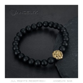 Echtes Armband aus schwarzem Onyx, 8 mm, Löwenkopf, Stahl und Gold, IM#26714